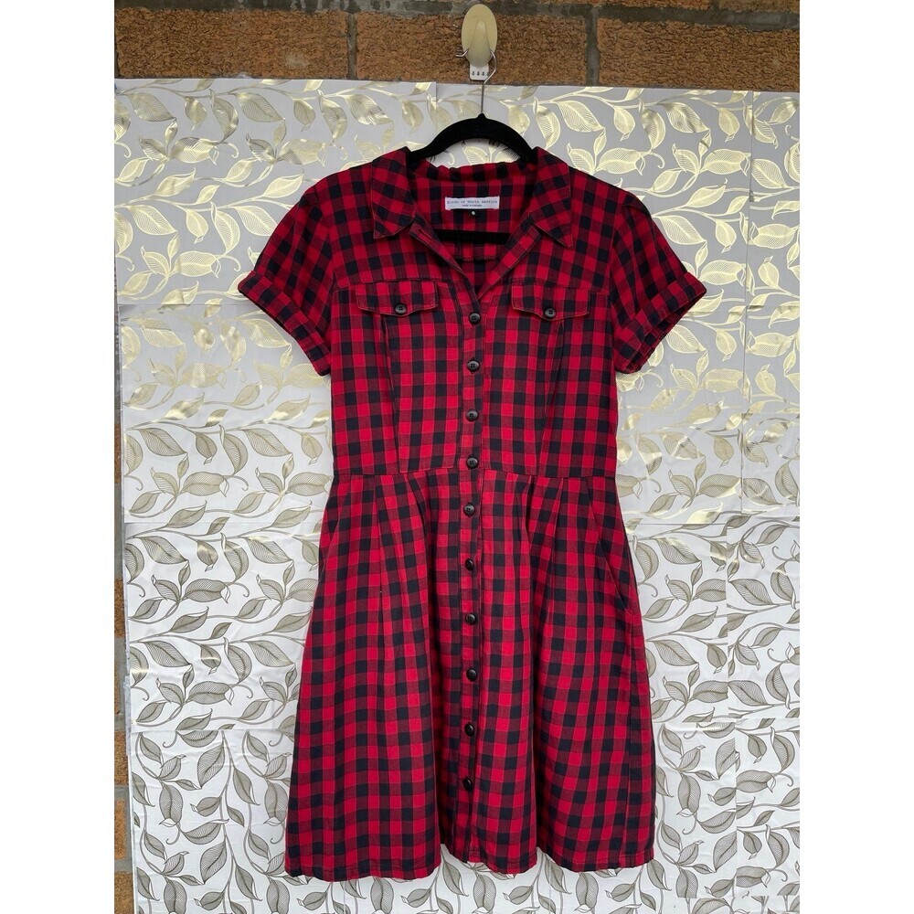 Birds of North America Red Gingham Plaid Button Front Fit Flare Mini Dress 8